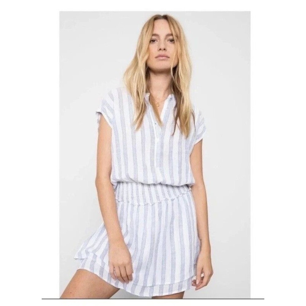 Rails Angelina Cayman Blue Stripe Mini Dress Medium Smocked Waist Cottagecore E9